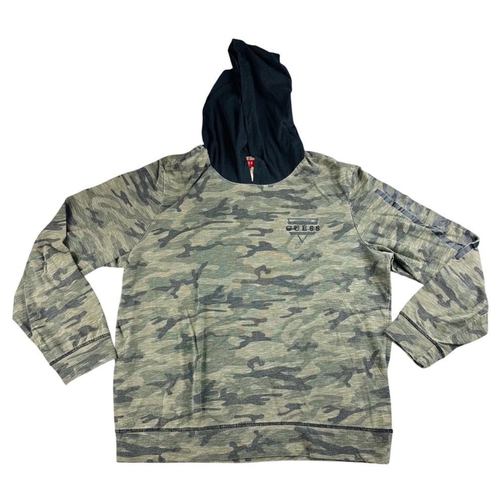 Guess LA Hoodie Men L Green Camouflage Lightweight Longโ Sleeve Embroidered Logo